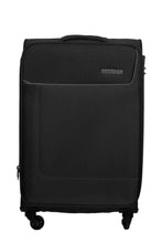Large softside travel trolley, black, front view with recessed panel and corner wheels