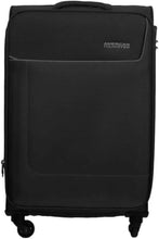 Large softside travel trolley, black, side front panel with brand logo and wheel casters