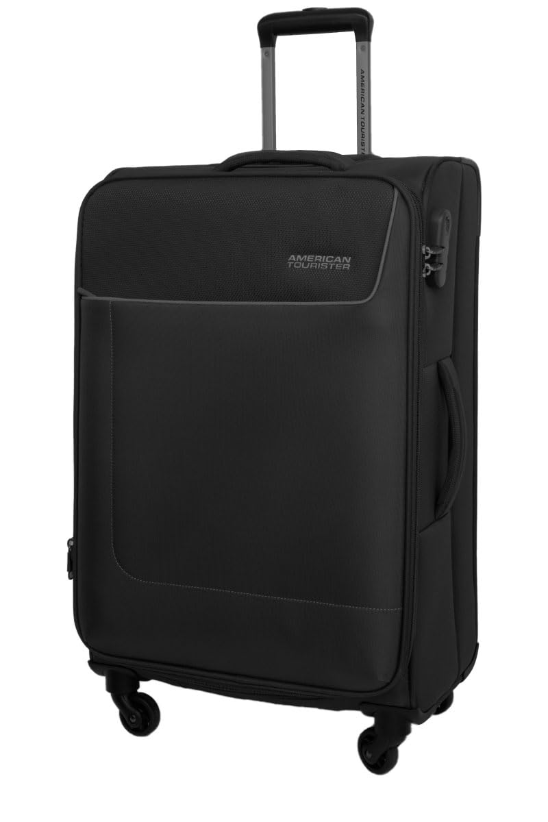 American Tourister large softside travel trolley in black with four spinner wheels and telescopic handle