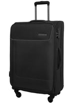 Large softside travel trolley, black, front panel with zipper pocket and side latch