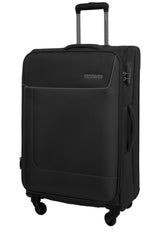 American Tourister large softside travel trolley in black with four spinner wheels and telescopic handle