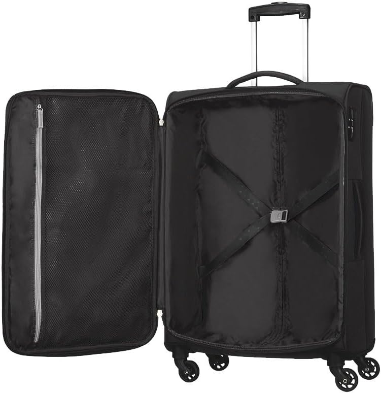 American Tourister large softside travel trolley open showing interior compartments and wheels