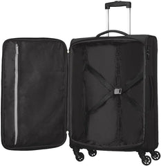 American Tourister large softside travel trolley open showing interior compartments and wheels