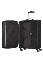 Large softside travel trolley open, showing left compartment and right main compartment