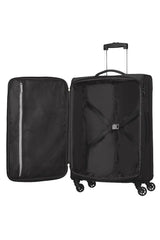 American Tourister large softside travel trolley in black with multiple compartments and four spinner wheels