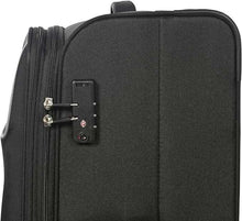 Large softside travel trolley lock and zipper hardware on black fabric