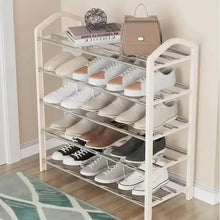 White 5-tier shoe rack organizer holding shoes and clear bins on metal rails