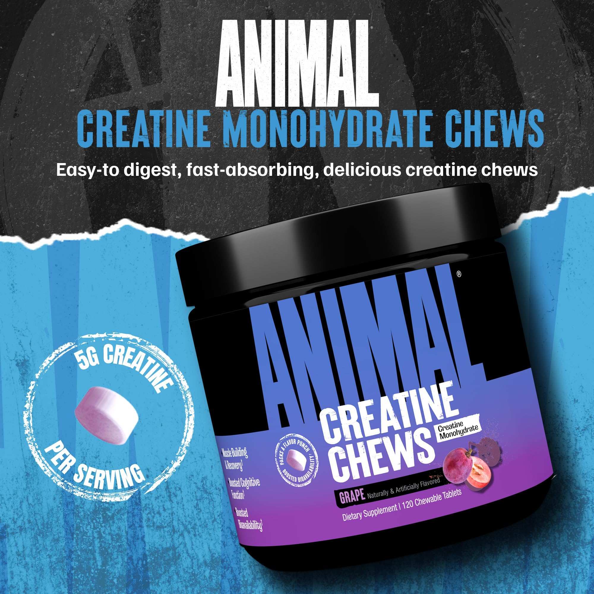 Animal creatine monohydrate chews jar in grape flavor showing label and chew image for creatine chews tablets