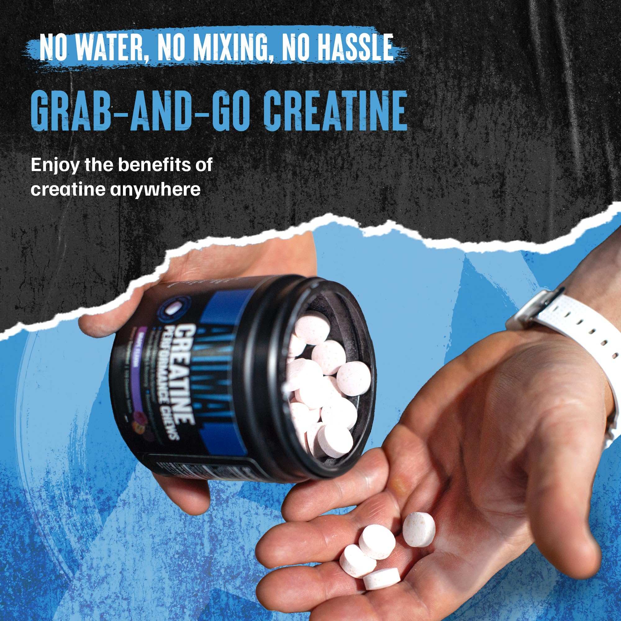Animal creatine chews tablets white pills being poured from black tub into hand showing grab and go convenience