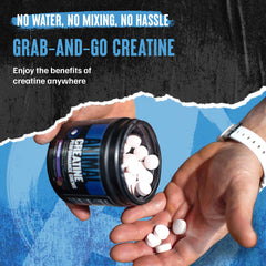 Animal creatine chews tablets white pills being poured from black tub into hand showing grab and go convenience