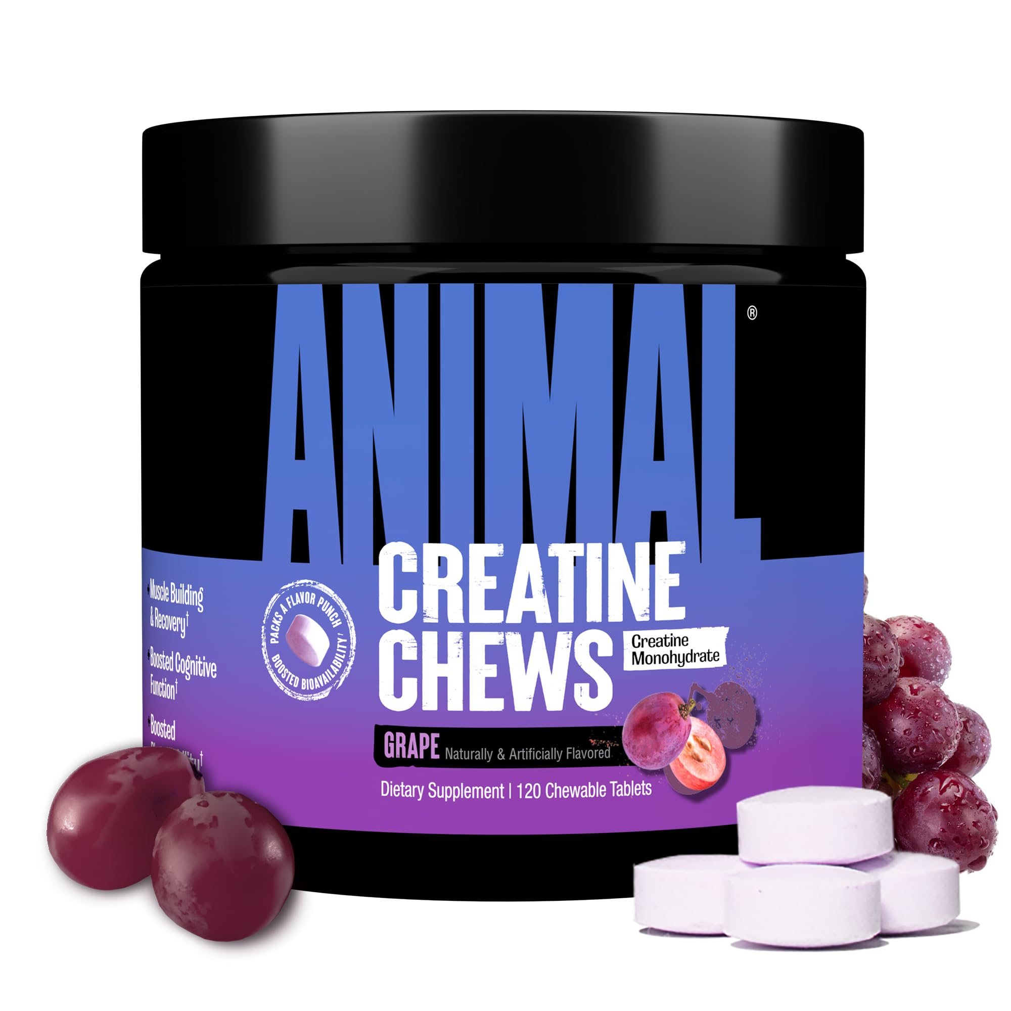 Animal grape creatine chews tablets tub with purple label beside grape fruits and stacked chewable tablets