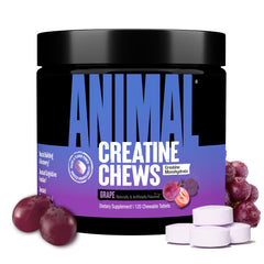 Animal grape creatine chews tablets tub with purple label beside grape fruits and stacked chewable tablets