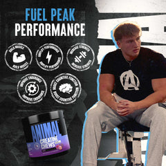 Animal creatine chews tablets tub with athlete seated on bench promoting muscle strength and recovery