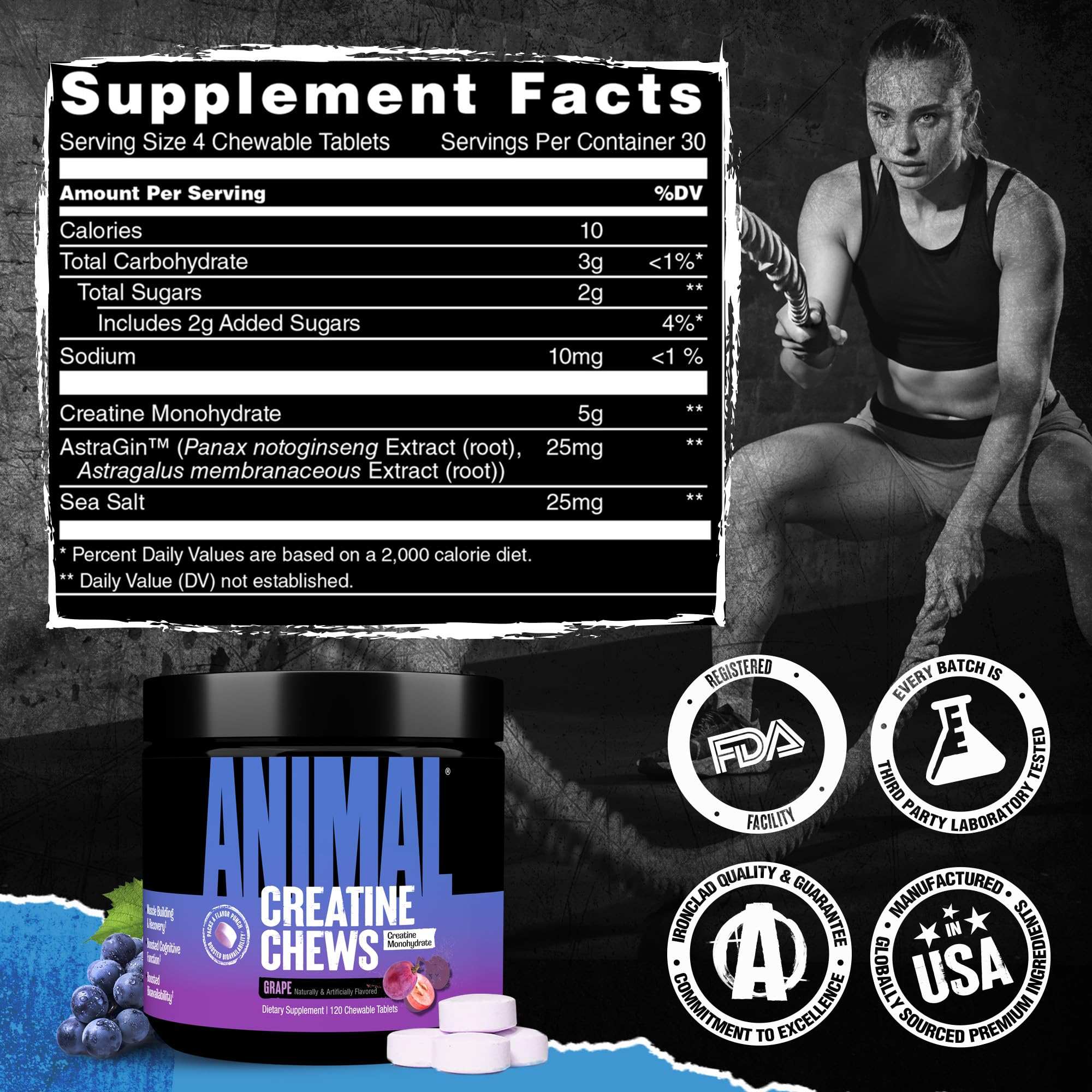 Animal Creatine Chews jar with purple label and white tablets next to supplement facts and athlete image creatine chews tablets