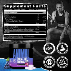 Animal Creatine Chews jar with purple label and white tablets next to supplement facts and athlete image creatine chews tablets