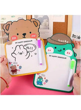 Bear and dinosaur mini whiteboards with colored markers, held in hands