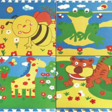 Interlocking EVA foam play mat with colorful animal illustrations, blue edge tiles