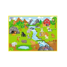 Kids animal play mat showing animals, barn, house, mountains, and a winding river