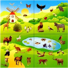 Kids animal play mat with a four-panel scene of pets, birds, bugs, and a pond