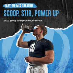Muscular man drinking from Animal tub with scoop text Scoop Stir Power Up micronized creatine monohydrate supplement