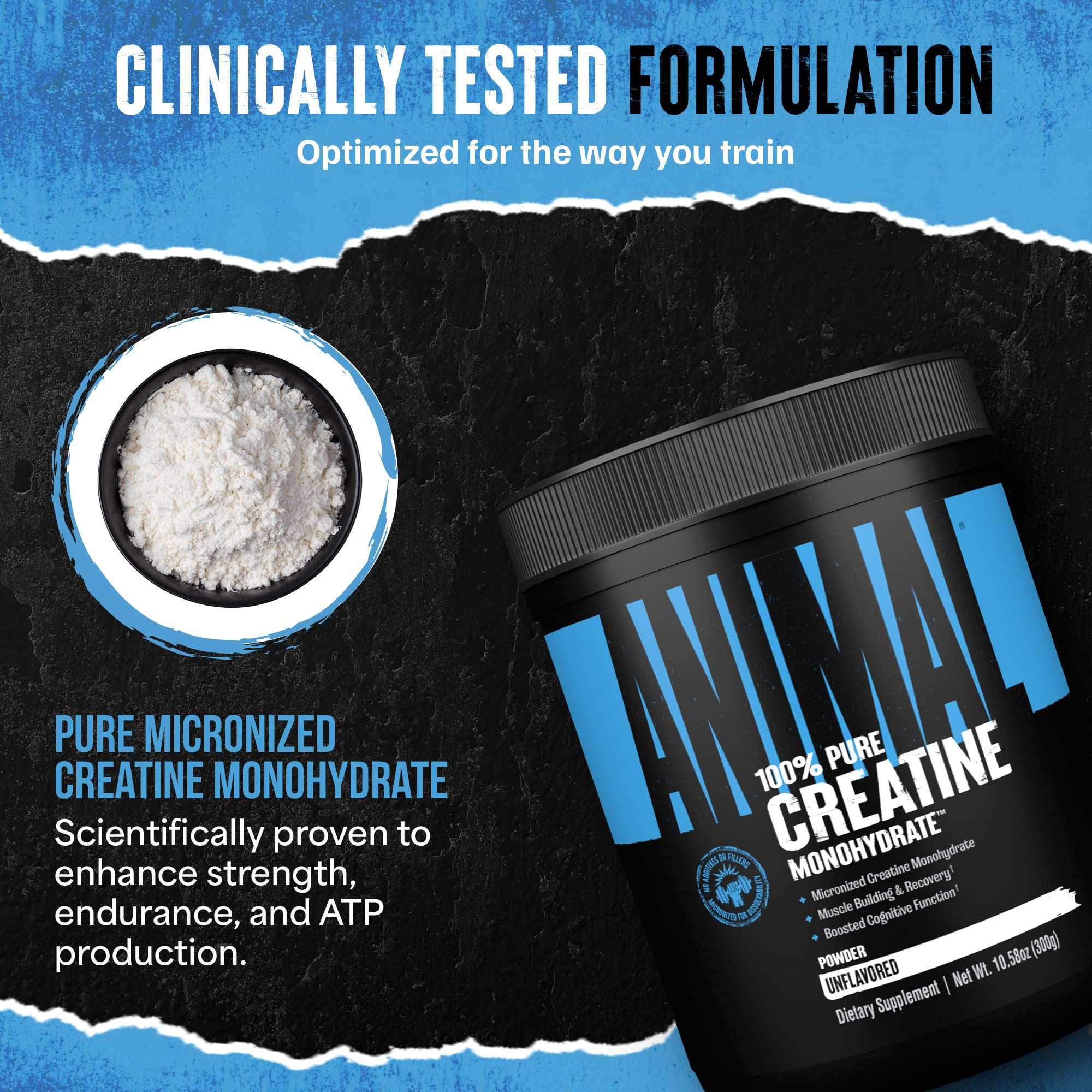Animal black tub and bowl of white powder micronized creatine monohydrate supplement for strength