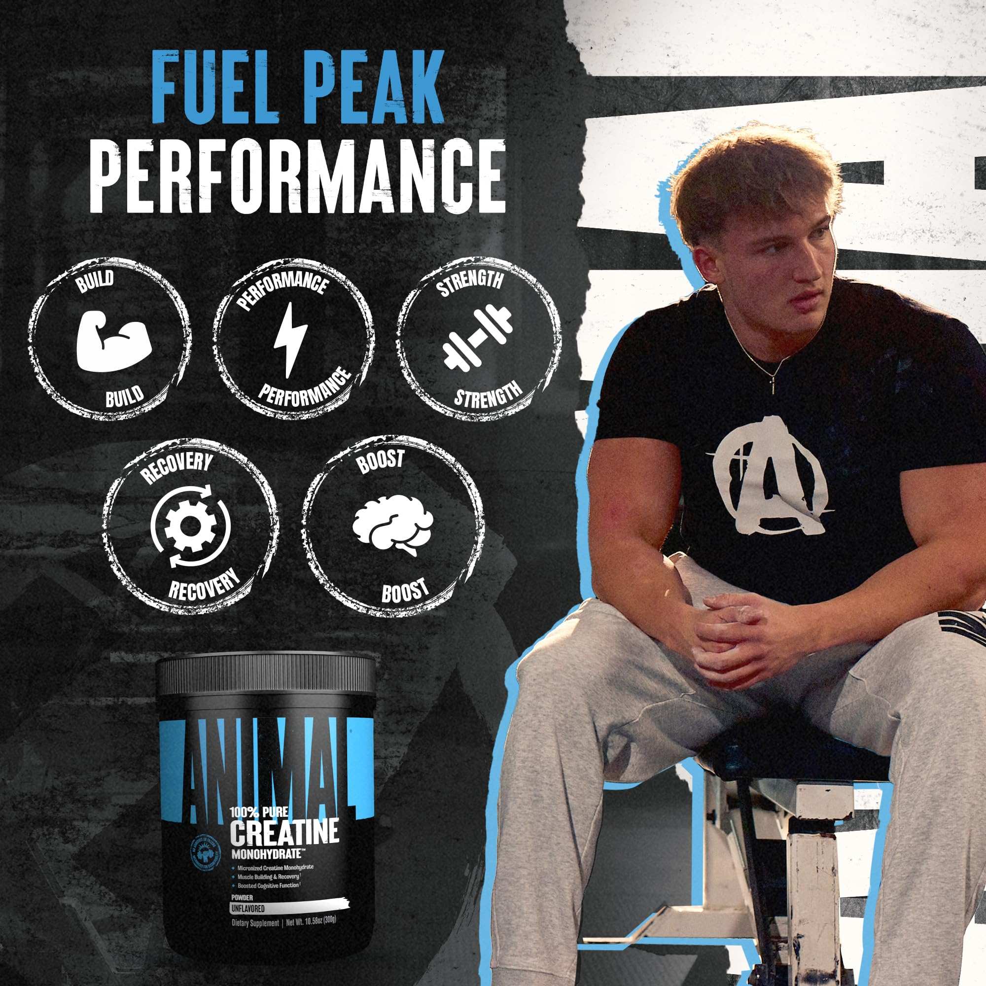 Animal creatine tub and athlete sitting in gym poster promoting micronized creatine monohydrate supplement for performance