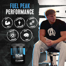 Creatine monohydrate supplement container with powder shown beside a seated athlete