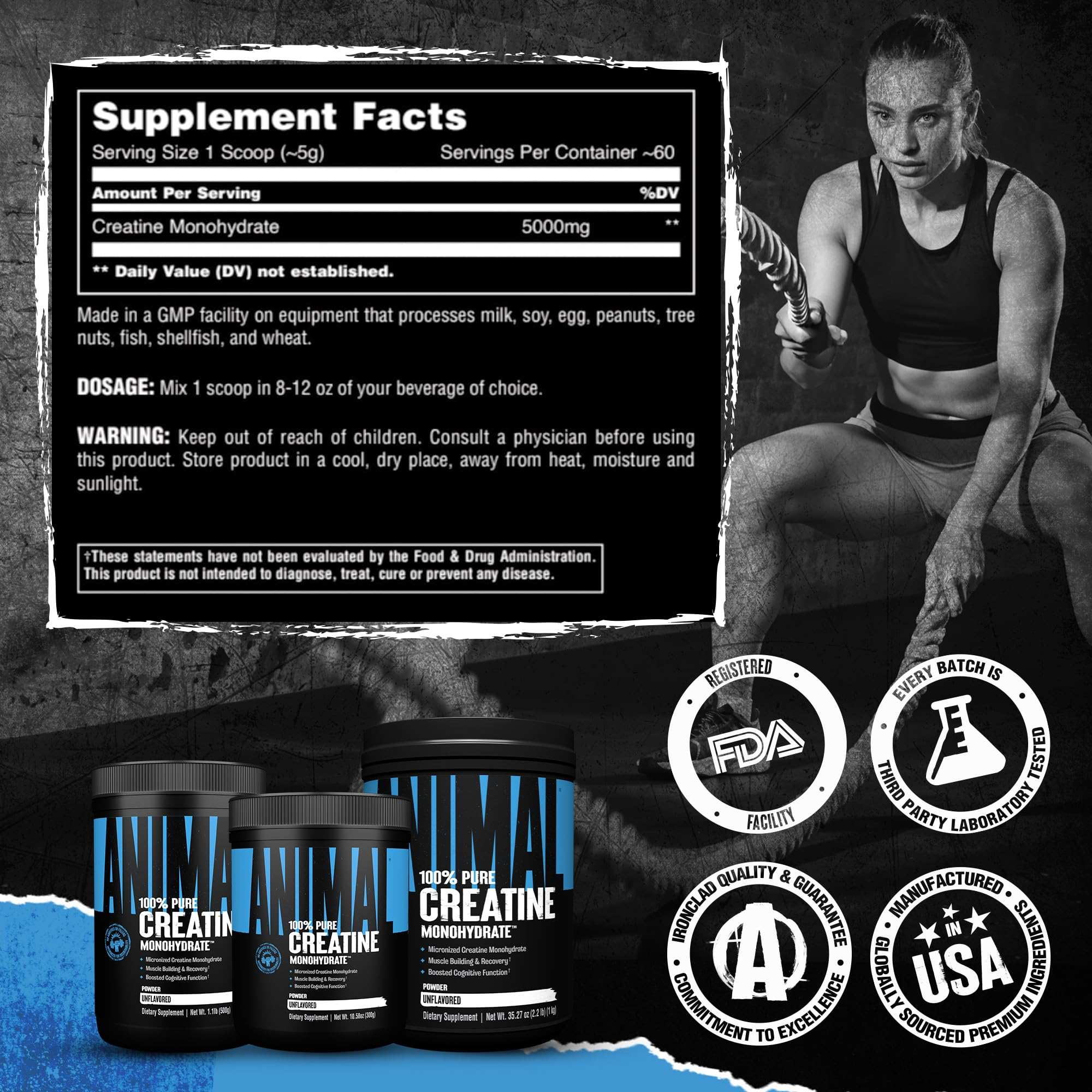 Animal creatine tubs and supplement facts with athlete image promoting micronized creatine monohydrate supplement