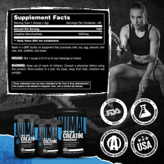 Animal creatine tubs and supplement facts with athlete image promoting micronized creatine monohydrate supplement