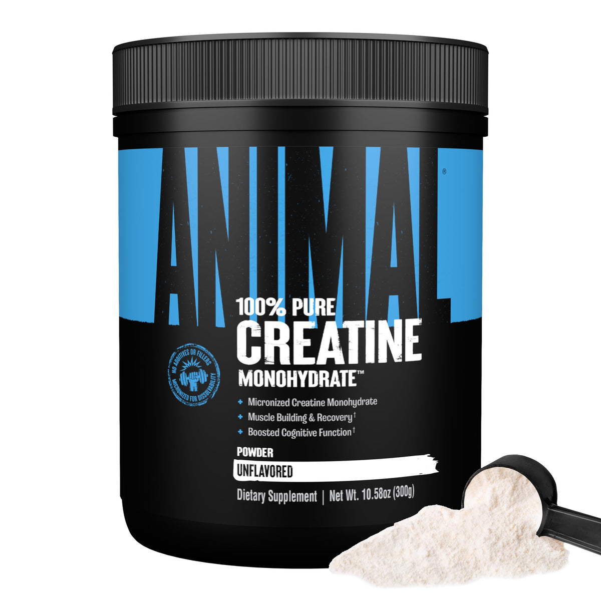 Animal brand black tub of unflavored creatine powder with scoop micronized creatine monohydrate supplement