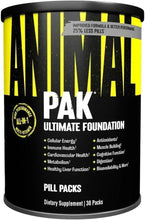 Animal Pak supplement jar, black and yellow canister with Ultimate Foundation label