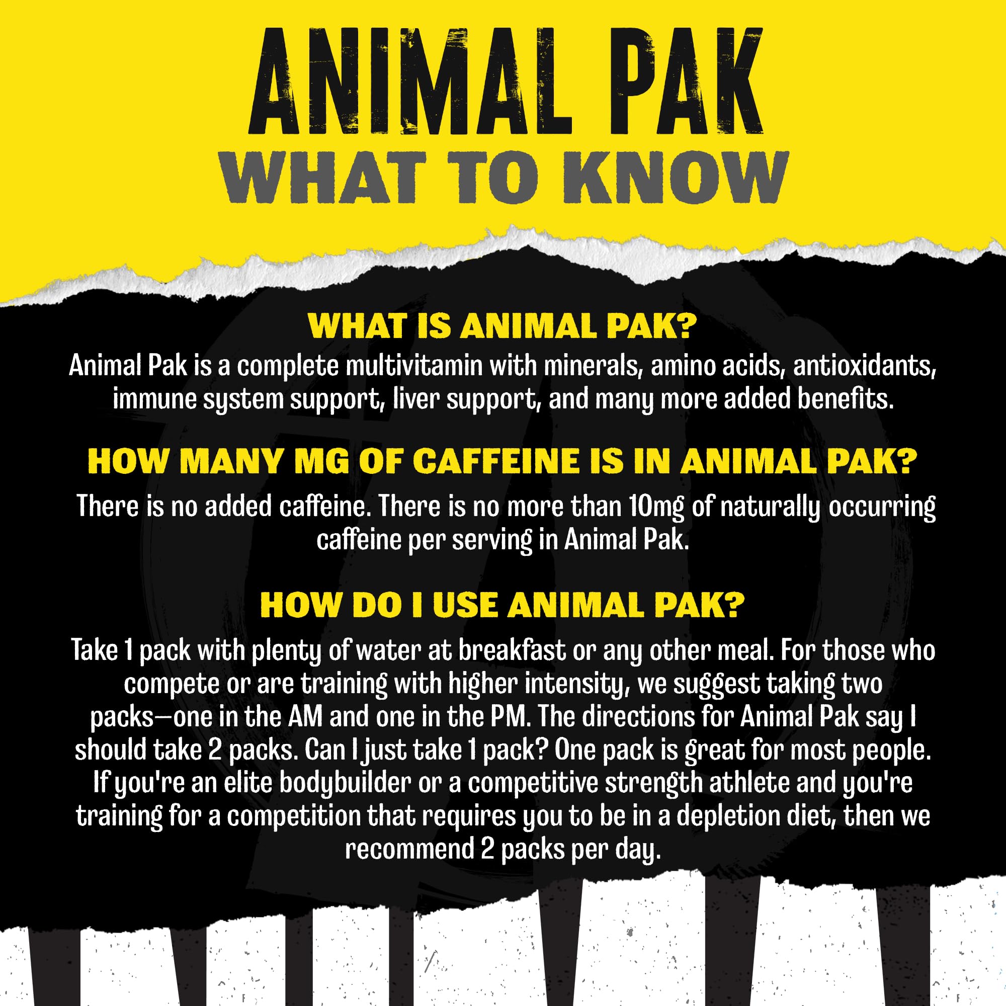 Animal Pak multivitamin UAE nutrient information with details on usage and caffeine content