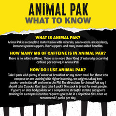 Animal Pak multivitamin UAE nutrient information with details on usage and caffeine content