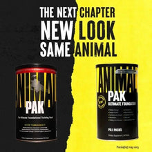 Animal Pak pill pack tubs, black and yellow labels with “The next chapter” text.