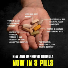 Pills in open palm with nutrition callouts, including liver and beef amino acids.