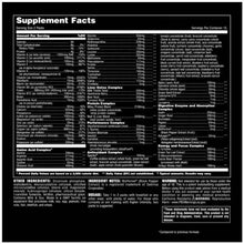Black supplement facts panel with a detailed ingredients and dosage table