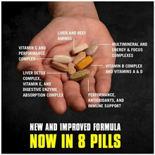 Hand holding assorted vitamin supplement tablets labeled for energy, focus, and support
