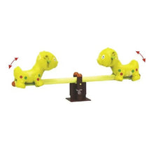 Yellow dog-shaped outdoor seesaw with central post and two pups on the plank