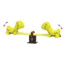 Yellow dog-shaped outdoor seesaw showing two pups facing outward on the plank