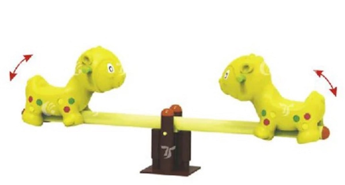 Bright yellow animal shaped seesaw for kids featuring playful animal designs for outdoor fun