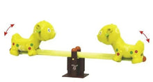 Yellow dog-shaped outdoor seesaw with two pups and central balancing post