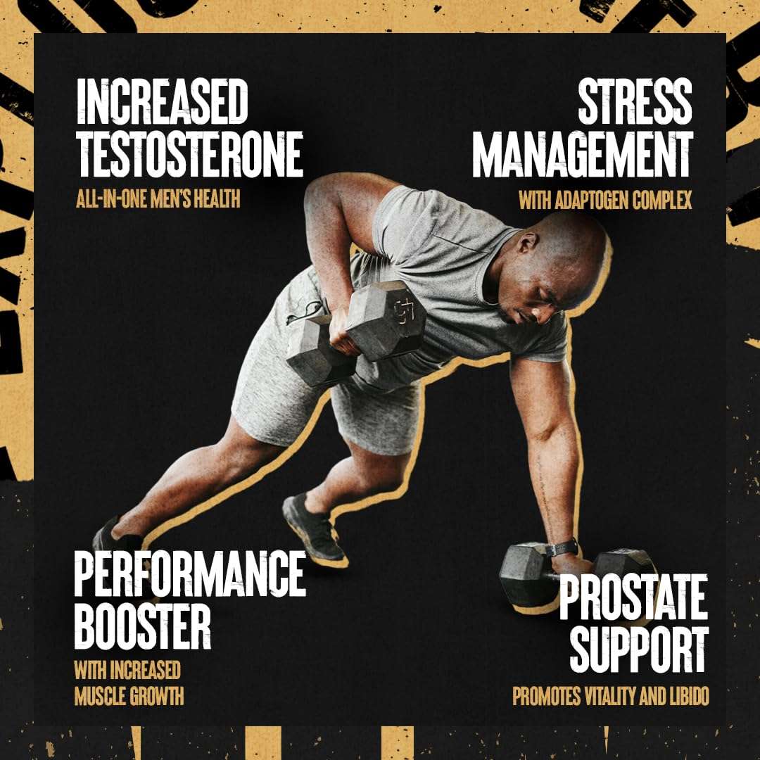Animal testosterone booster for men image of man doing dumbbell row with performance and prostate support text