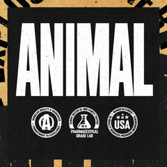 Animal supplement label with bold ANIMAL logo and lab tested Made in USA seals testosterone booster for men