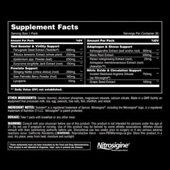 Animal supplement facts label for testosterone booster for men showing ingredients and dosages per pack