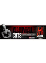 Animal Cuts pill pack canister in horizontal ad banner, black and red graphics