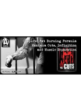 Animal Cuts pill pack canister on fitness ad, black and red label