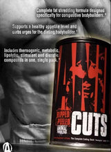 Animal Cuts pill pack canister next to muscular figure, black and red Ripped label