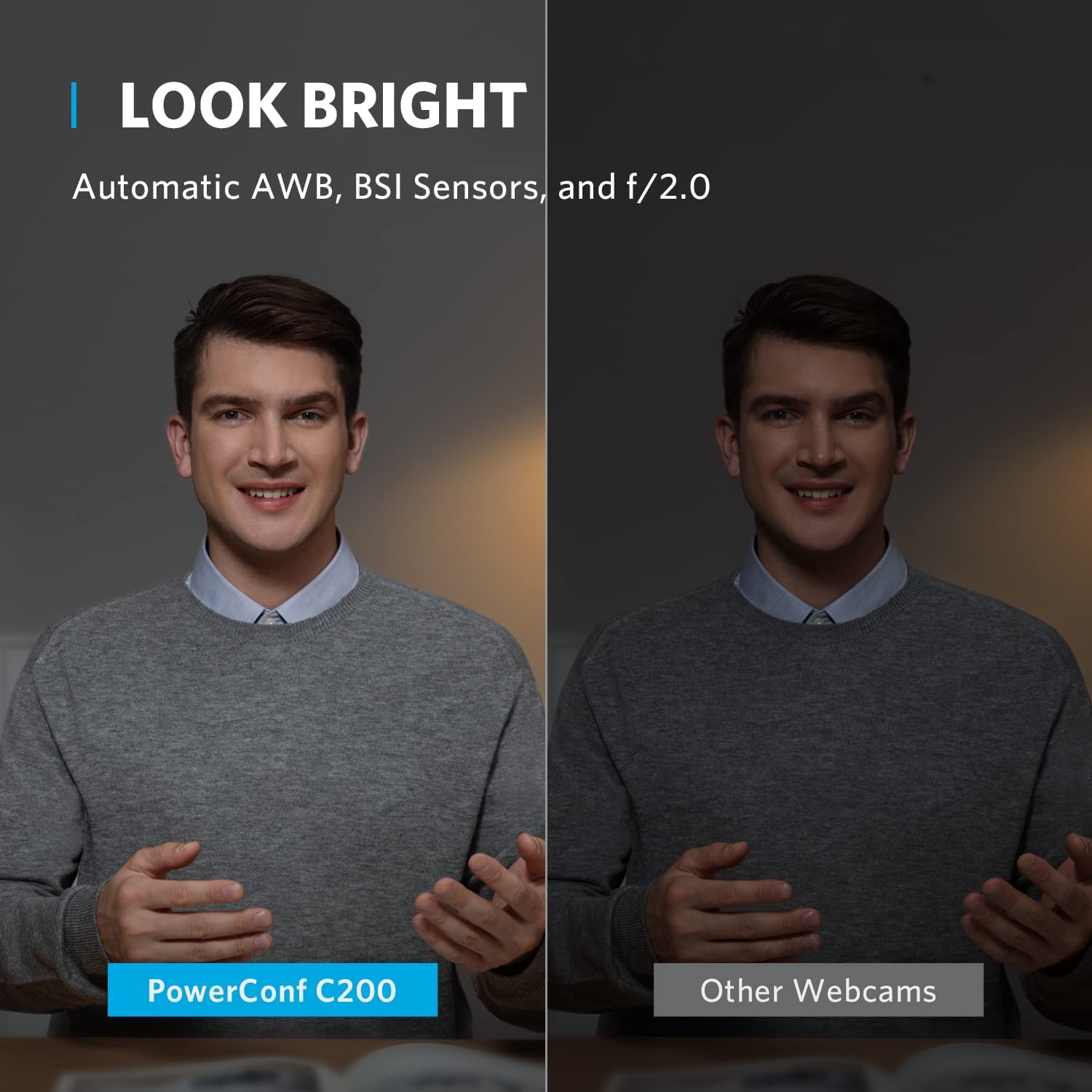 Comparison image showing bright clear face of man with PowerConf C200 2K webcam for laptop versus dim face with other webcams