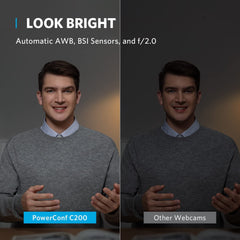 Comparison image showing bright clear face of man with PowerConf C200 2K webcam for laptop versus dim face with other webcams