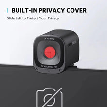 Black webcam with built-in privacy cover covering the lens